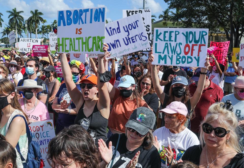 A crowd joined a 2021 Bans Off Our Bodies abortion rights protest at Clematis Street and Flagler Drive in West Palm Beach.