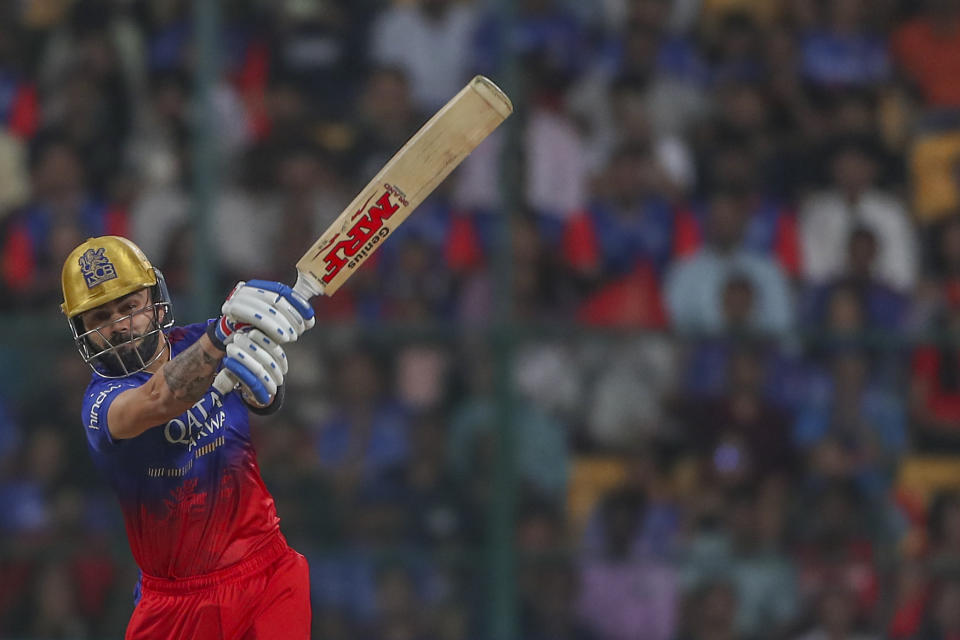 Royal Challengers Bengaluru's Virat Kohli plays a shot during the Indian Premier League cricket match between Royal Challengers Bengaluru and Delhi Capitals in Bengaluru, India, Sunday, May 12 , 2024. (AP Photo/Kashif Masood)