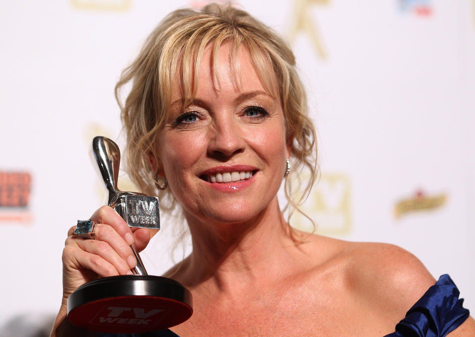 MELBOURNE, AUSTRALIA - MAY 02:  TV personality Rebecca Gibney poses with the Silver Logie for most popular female in the 52nd TV Week Logie Awards room at Crown Casino on May 2, 2010 in Melbourne, Australia.  (Photo by Ryan Pierse/Getty Images)