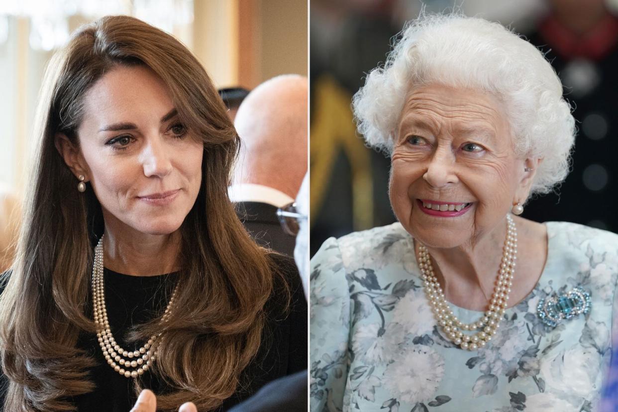 LONDON, ENGLAND - SEPTEMBER 17: Prince William, Prince of Wales and Catherine, Princess of Wales during a lunch held for governors-general of the Commonwealth nations at Buckingham Palace on September 17, 2022 in London, England. Foreign dignitaries, heads of state and other VIPs are among the thousands who have visited Westminster Hall to view Queen Elizabeth II lying in state prior to her funeral on Monday. The 96-year-old monarch died at Balmoral Castle in Scotland on September 8, 2022, and is succeeded by her eldest son, King Charles III. (Photo by Stefan Rousseau - WPA Pool/Getty Images); MAIDENHEAD, ENGLAND - JULY 15: Queen Elizabeth II smiles during a visit to officially open the new building at Thames Hospice on July 15, 2022 in Maidenhead, England. (Photo by Kirsty O'Connor-WPA Pool/Getty Images)