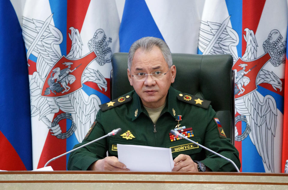 In this photo released by Russian Defense Ministry Press Service, Russian Defense Minister Sergei Shoigu speaks at a meeting with the top military brass in Moscow, Russia, Tuesday, April 20, 2021. Shoigu on Tuesday accused Ukraine of trying to destabilize the situation in eastern Ukraine and lashed out at the U.S. and NATO for what he described as "provocative actions" in the Black Sea area. (Russian Defense Ministry Press Service via AP)