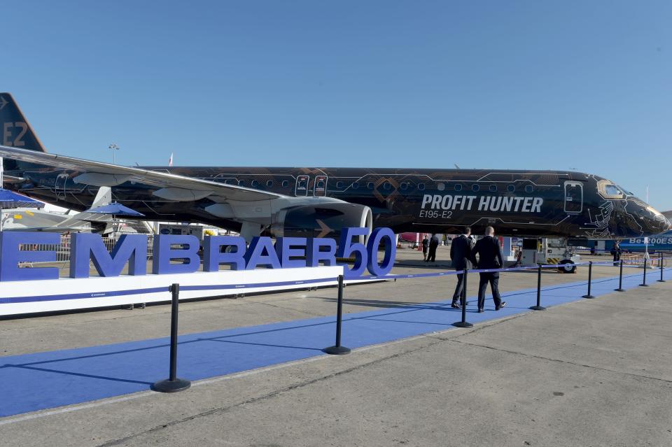 View of the Embraer static display at the International Paris Air Show on June 17, 2019 at Le Bourget Airport, near Paris.