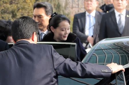 Kim Yo Jong, the younger sister of North Korean leader Kim Jong Un, gets into a car in Incheon, South Korea February 9, 2018. Yonhap via REUTERS