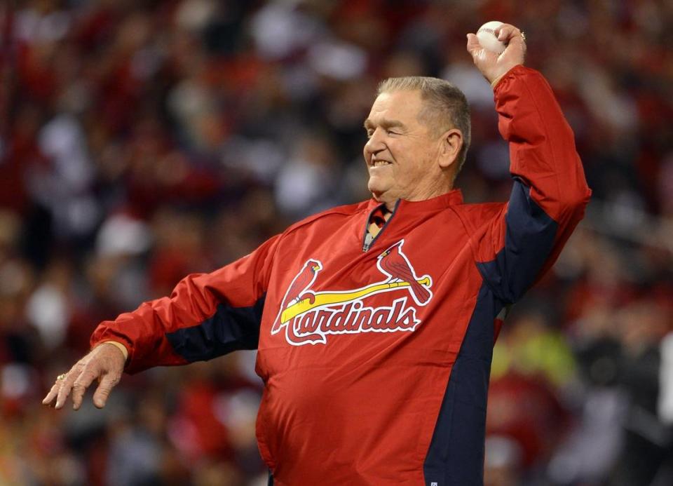 Oct 11, 2014; St. Louis, MO, USA; Whitey Herzog throws out the ceremonial first pitch before game one of the 2014 NLCS playoff baseball game between the San Francisco Giants and St. Louis Cardinals at Busch Stadium. Mandatory Credit: Jeff Curry-USA TODAY Sports