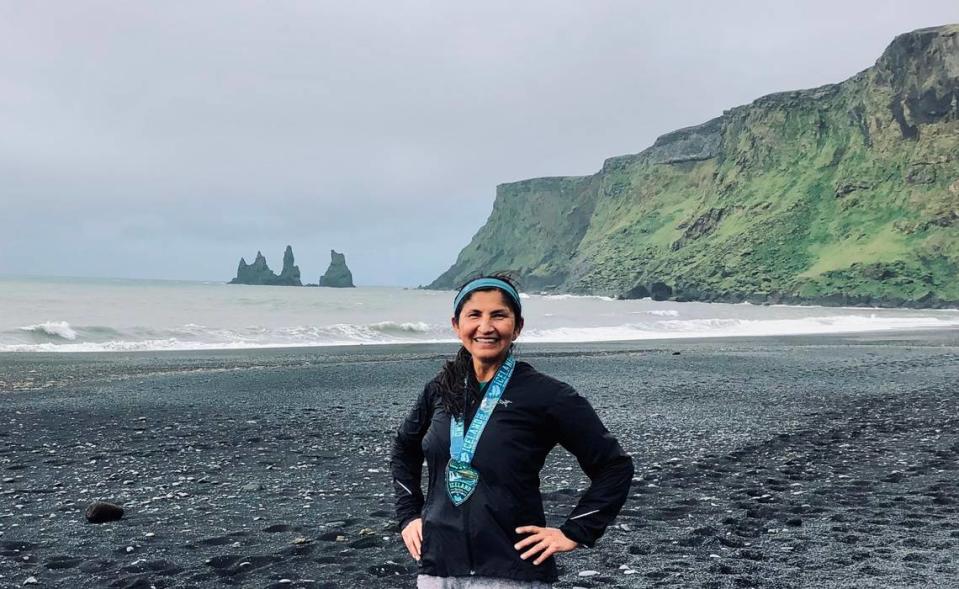 Cal Poly lecturer Nelly Caminada posing after running in Vick, Iceland.