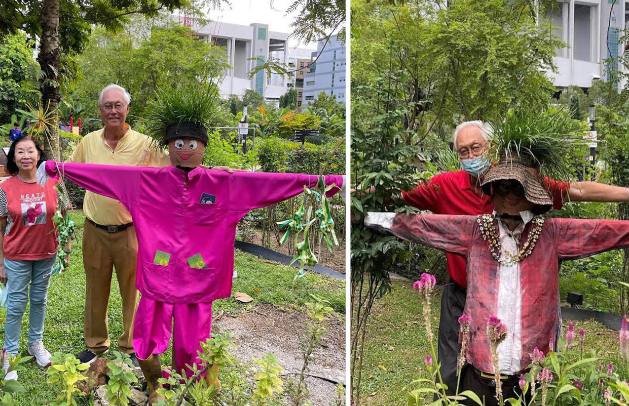 Emeritus Senior Minister Goh Chok Tong's Facebook post of a scarecrow dressed in traditional Malay garb (left) drew online criticism. Goh later posted a photo of scarecrow he said that he took in January. (PHOTOS: MParader/Facebook)