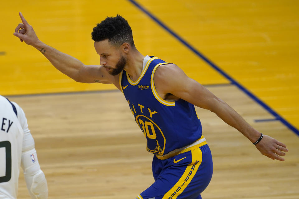 Stephen Curry。（AP Photo/Jeff Chiu）