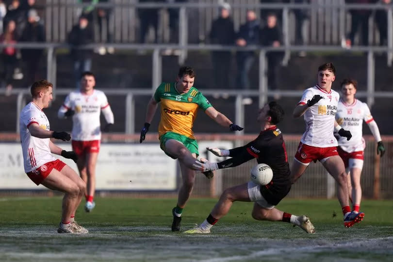 Donegal's Jamie Brennan tries to get a shot at goal past Tyrone goalkeeper Niall Morgan during January's Dr McKenna Cup clash between the sides at O'Neills Healy Park