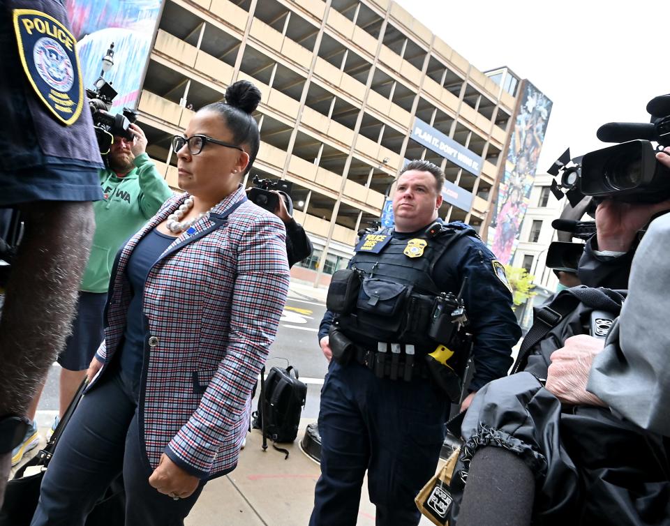U.S. Attorney for Massachusetts Rachael Rollins arrives for Jack Teixeira's detention hearing in federal court on Thursday.