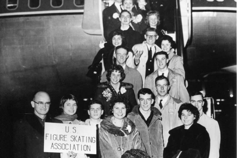 The 1961 U.S. figure skating team poses before boarding on a flight to an international meet in Prague on February 15, 1961. The plane crashed in Belgium and all 18 members of the team were killed. File Photo courtesy of the World Figure Skating Museum & Hall of Fame