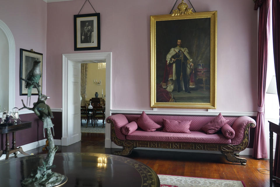 The foyer of Plantation House, the official residence of the governor of the British overseas territory of St. Helena, is pictured Thursday, Feb. 22, 2024. Visitors to the remote island can tour the ornately decorated rooms of the grand Georgian mansion built in 1792. (AP Photo/Nicole Evatt)