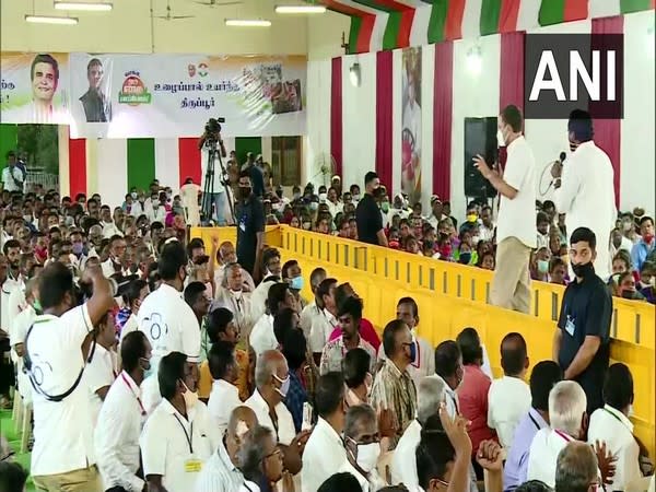 Rahul Gandhi addressing industrial labourers at Ramasamy Muthammal Thirumana Mandapam (Photo/ANI)