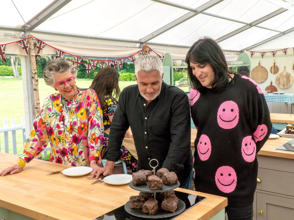 Prue Leith, Paul Hollywood, and Noel Fielding on "The Great British Baking Show"