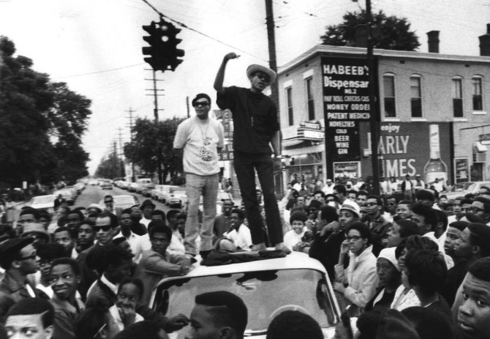 James Cortez (white shirt) and Sam Hawkins, head of the Black Unity League of Kentucky, speak at a rally in Louisville on May 27, 1968, preceding West End violence.