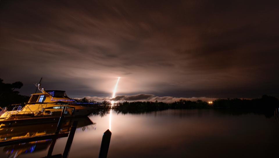 Launch of a SpaceX Falcon 9 rocket from Launch Complex 40 at Cape Canaveral Space Force Station in Florida. Launched at 4:32 a.m. EST Thursday January 26th, the rocket disappeared into the low cloud cover moments after liftoff. The rocket was carrying 56 Starlink satellites.