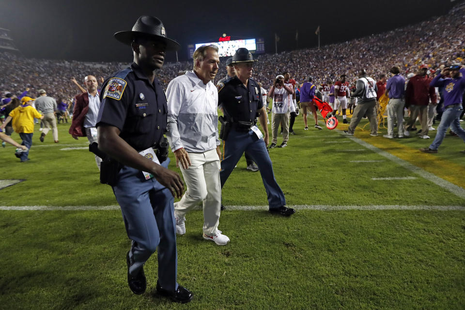 Alabama head coach Nick Saban is likely going to miss out on the College Football Playoff this year, which is rare for his program. (AP Photo/Tyler Kaufman)