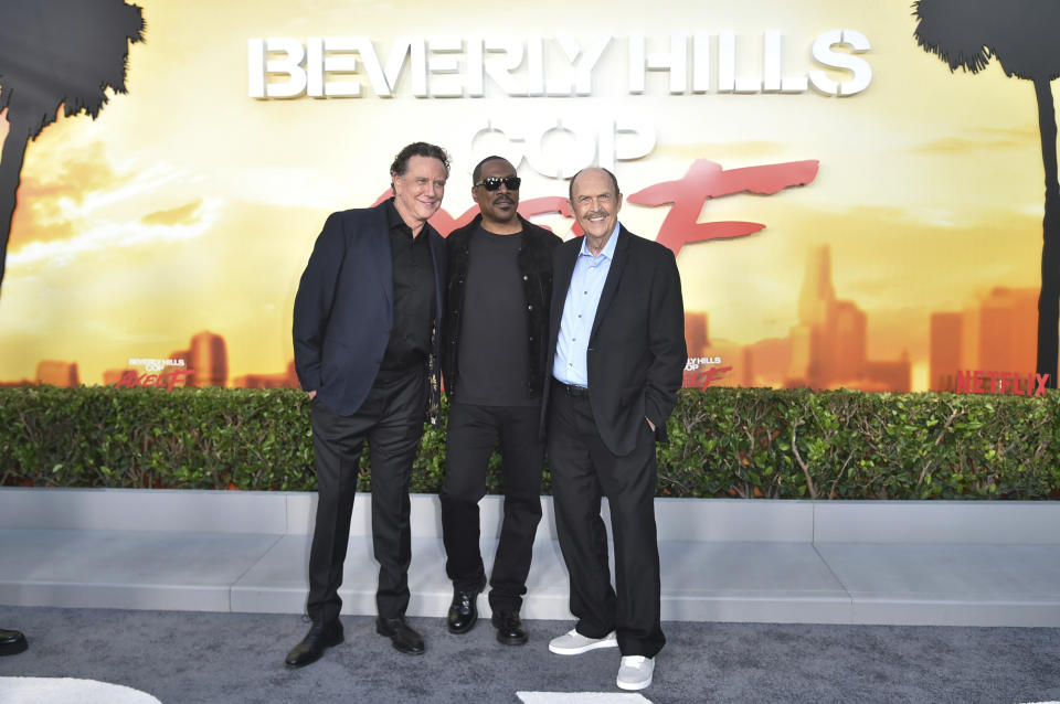 Judge Reinhold, Eddie Murphy and John Ashton arrive at the premiere of "Beverly Hills Cop: Axel F" on Thursday, June 20, 2024, in Beverly Hills, Calif. (Photo by Richard Shotwell/Invision/AP)