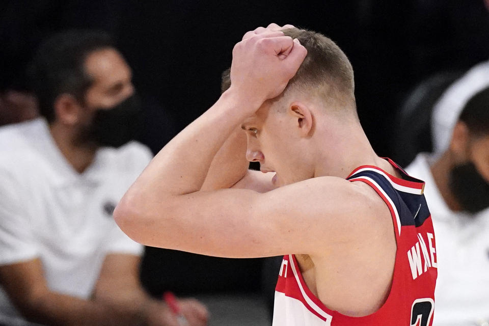 Washington Wizards center Moritz Wagner gestures after a foul was called during the first half of an NBA basketball game against the Los Angeles Lakers Monday, Feb. 22, 2021, in Los Angeles. (AP Photo/Mark J. Terrill)