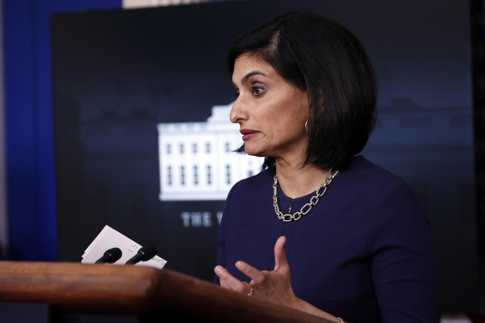 FILE - In this April 7, 2020, file photo, Seema Verma, administrator of the Centers for Medicare and Medicaid Services, speaks about the coronavirus in the James Brady Press Briefing Room of the White House in Washington. Verma failed to properly manage more than $6 million in communications and outreach contracts, giving broad authority over federal employees to a Republican media strategist she worked with before joining the Trump administration, a government watchdog said in a report to be released Thursday, July 16. (AP Photo/Alex Brandon, File)