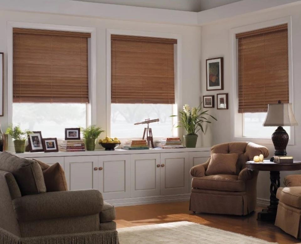 Living room with wood blinds