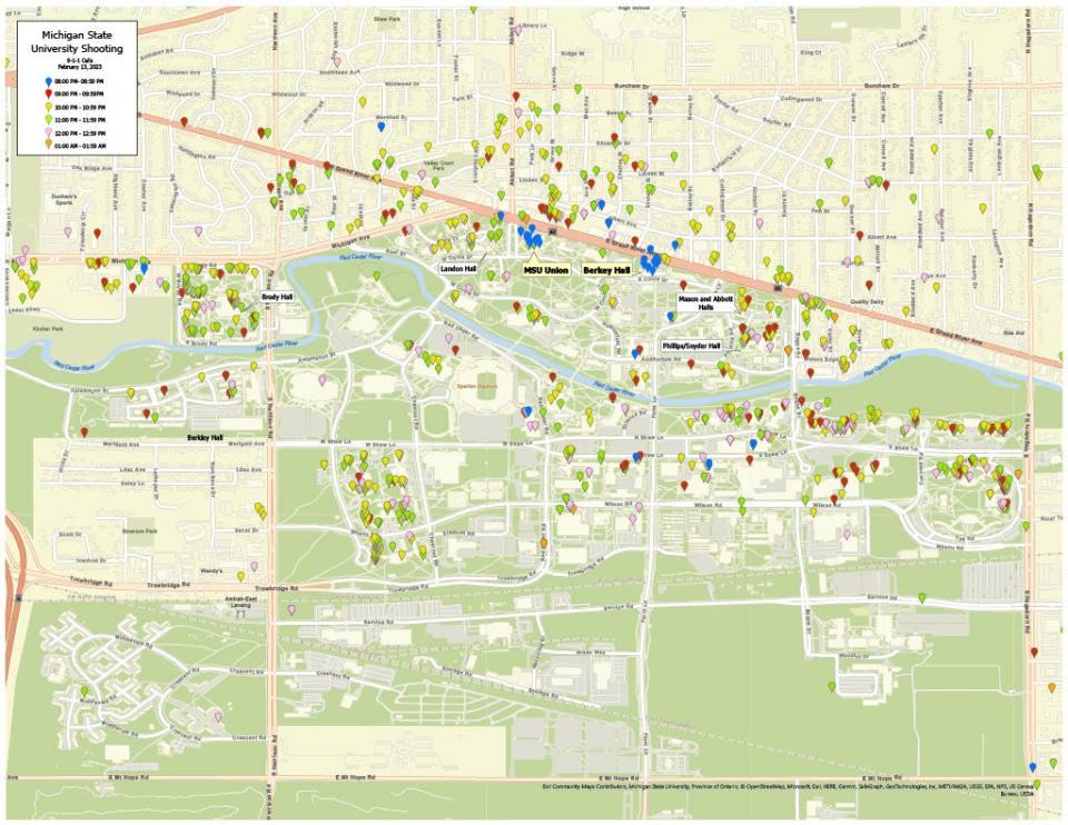 A campus map  provided by the Michigan State University Police with each individual 9-1-1 call categorized by the hour in which residents made calls to dispatch.