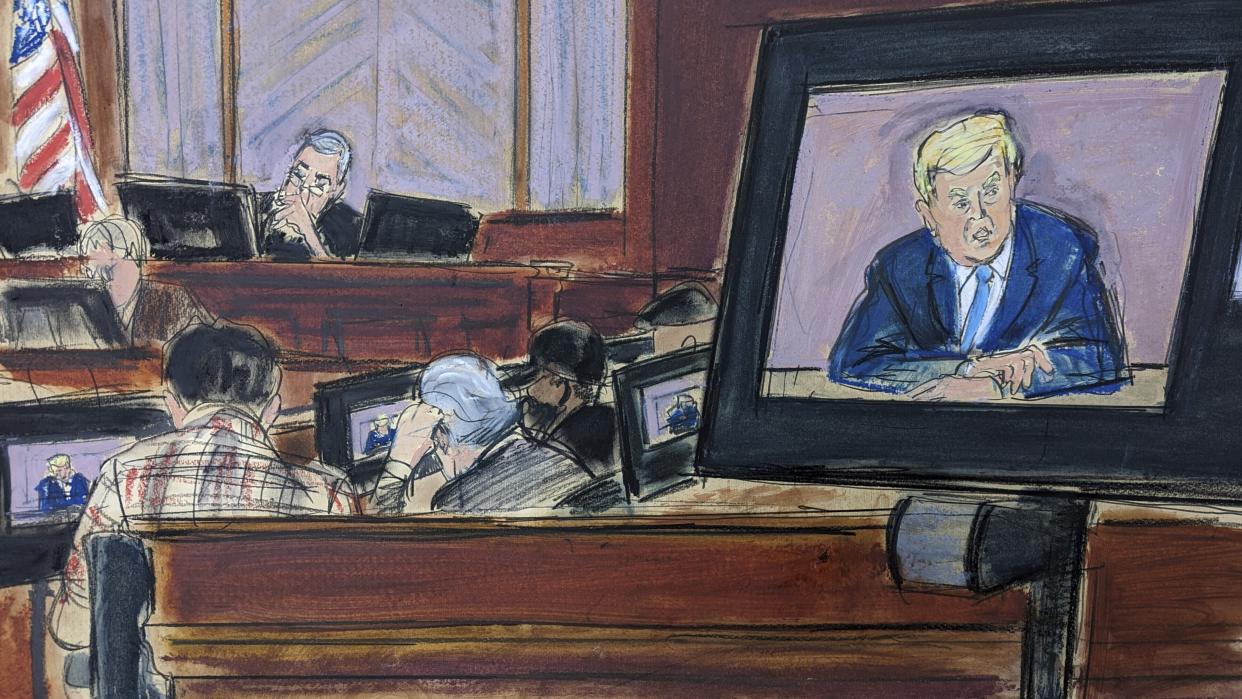 A courtroom sketch showing a screen playing a videotape of Donald Trump's deposition and the seated judge behind three open laptops, with a back view of the jury watching the tape on laptop screens.