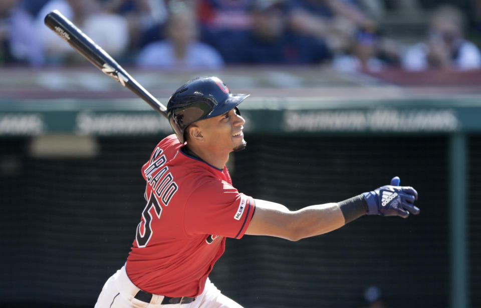 Cleveland Indians' Oscar Mercado watches his ball after hitting an RBI-single in the third inning of a baseball game against the Detroit Tigers, Saturday, June 22, 2019, in Cleveland. Mike Freeman scored on the play. (AP Photo/Tony Dejak)