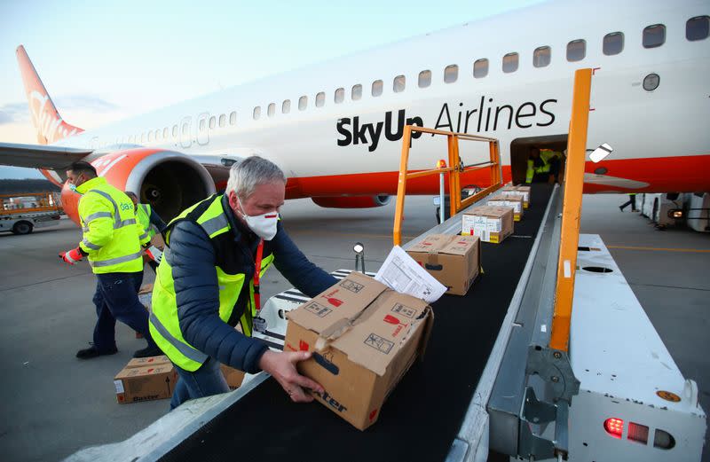 The International Committee of Red Cross (ICRC) sends cargo to Ukraine, during the coronavirus disease (COVID-19) outbreak, at Cointrin Airport in Geneva