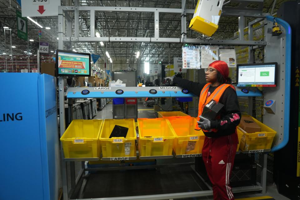 Items are sorted before they are packed and sent out for distribution at the new Amazon center in Woodland Park. Representatives from Amazon, local politicians and partners that were involved in the planning and building of the new Amazon distribution center were given a tour of the facility as they celebrated it’s ceremonial opening on February 10, 2023 in Woodland Park, NJ.