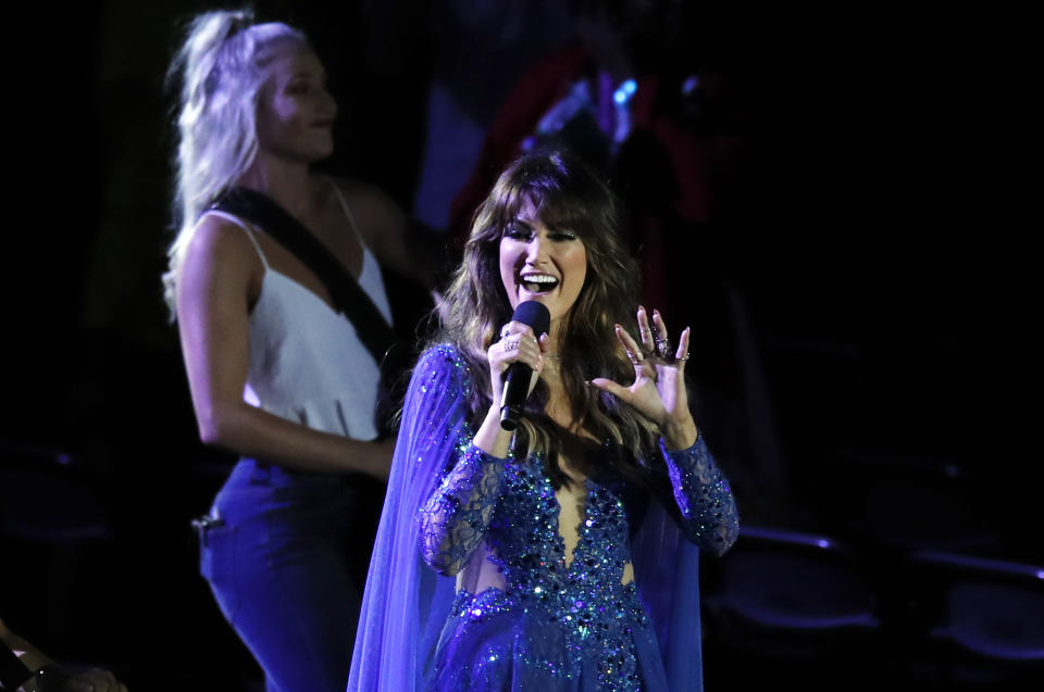 Delta Goodrem performs during the Opening Ceremony for the 2018 Commonwealth Games at the Carrara Stadium in the Gold Coast, Australia.