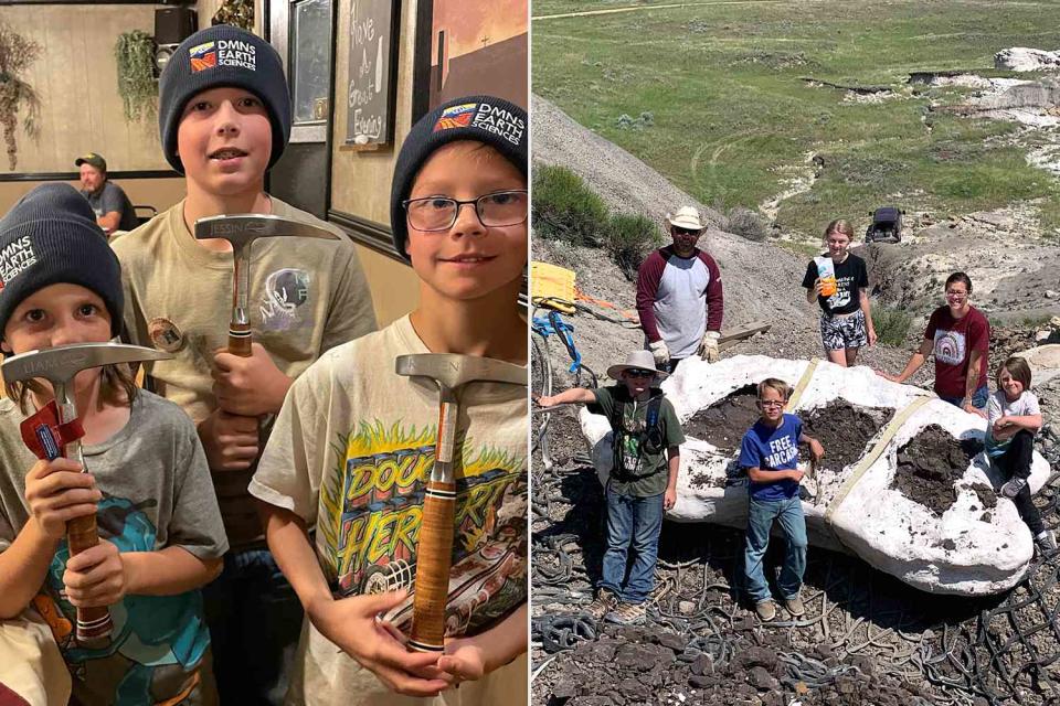 <p>Dr. Tyler R. Lyson</p> The fossil finding trio, Liam Fisher, Jessin Fisher, and Kaiden Madsen, holding their personalized rock hammers; The fossil finding family (clockwise from upper left: Sam Fisher, Emalynn Fisher, Danielle Fisher, Liam Fisher, Kaiden Madsen, and Jessin Fisher) pose with the field jacket after it was rolled into a helicopter net. 