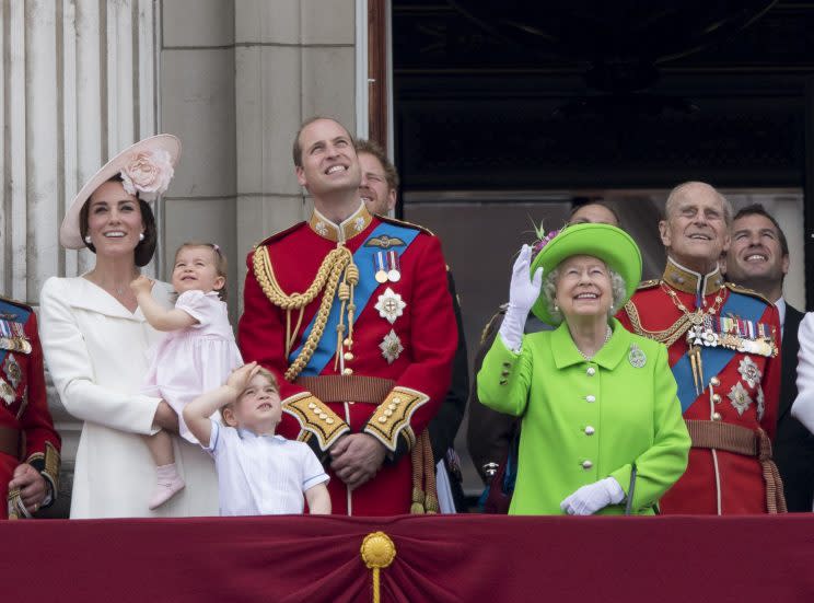 The Queen with the Royal Family during last year's 'official' birthday celebrations (Rex)