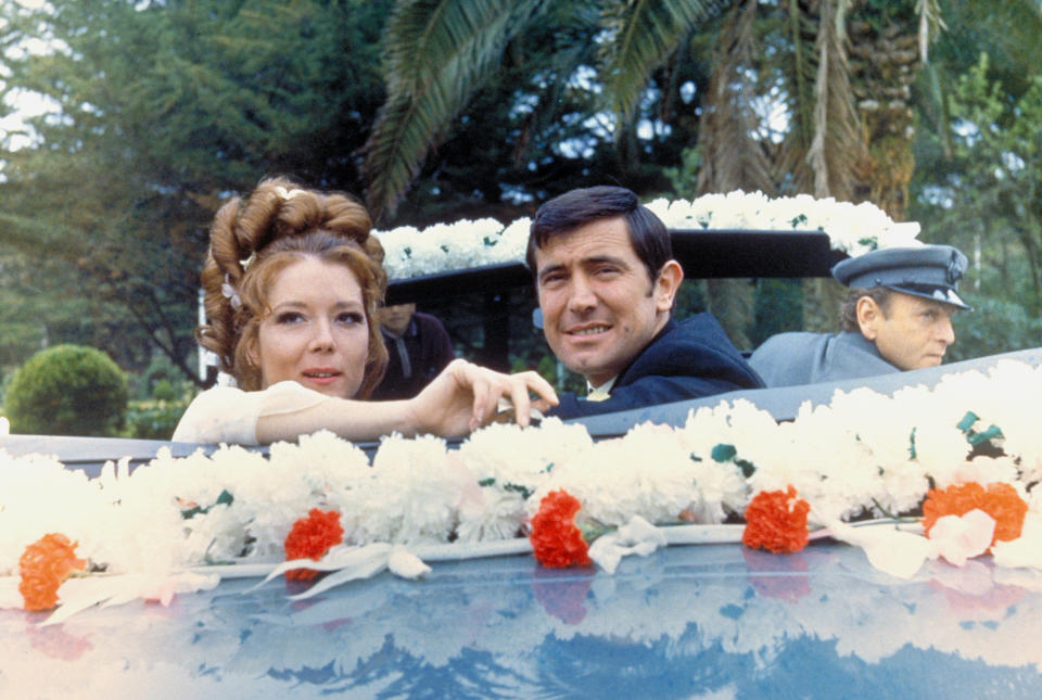 Diana Rigg and George Lazenby on the set of 'On Her Majesty's Secret Service'. (Photo by Sunset Boulevard/Corbis via Getty Images)