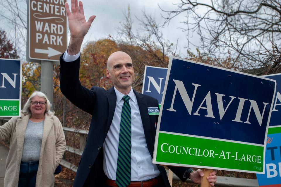 Councilor-At-Large candidate Sean Navin outside the Marlborough Senior Center voting place, Nov. 7, 2023.