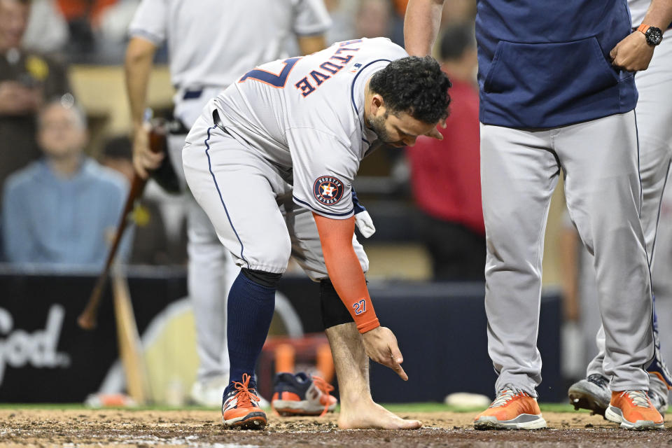 SAN DIEGO, CALIFORNIA – SEPTEMBER 17: Jose Altuve #27 of the Houston Astros points to his foot after taking a groundout during the ninth inning of a baseball game against the San Diego Padres at Petco Park on September 17, 2024 in San Diego, California. (Photo by Denis Poroy/Getty Images)