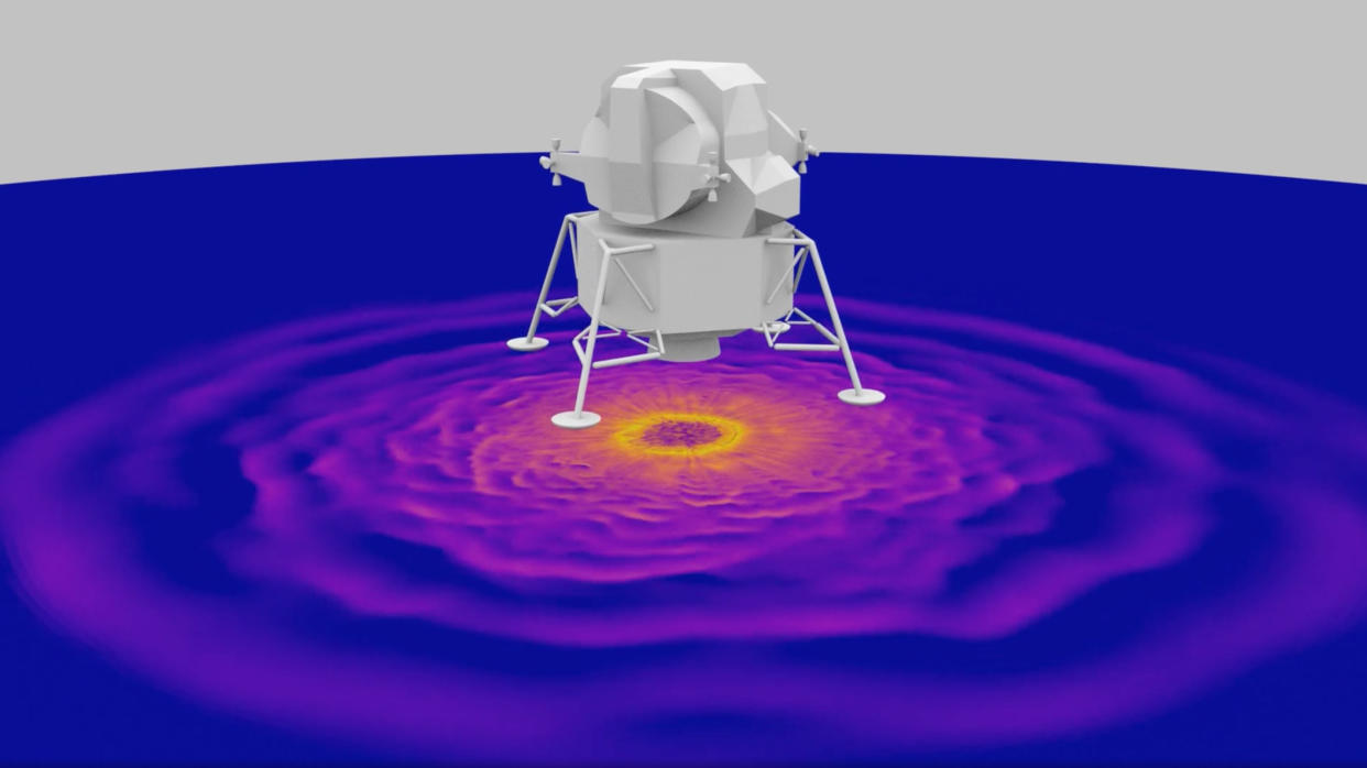  Still from an animation that simulates the last half-minute of a spacecraft's lunar descent before engine cutoff. The fluctuating radial patterns show the intensity of predicted shear stress, or lateral force exerted by the spacecraft across the surface, as it descends. Lower shear stress is represented in dark purple and higher shear stress is represented in yellow. 