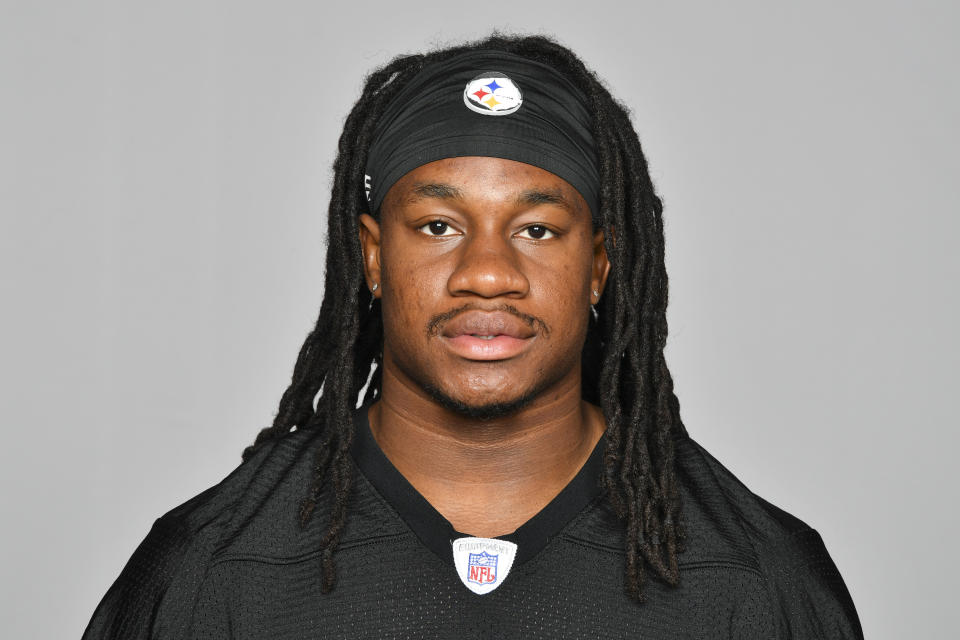 FILE - This is a 2019 file photo showing Trey Edmunds of the Pittsburgh Steelers NFL football team. Ferrell and Felicia Edmunds can't lose. Nor can they be prouder when the Pittsburgh Steelers host the Buffalo Bills on Sunday night, Dec. 15. It's a game that will feature all three of the Edmunds' sons _ the Steelers' Terrell and Trey Edmunds and the Bills' Tremaine _ facing off against each other. (AP Photo/File)