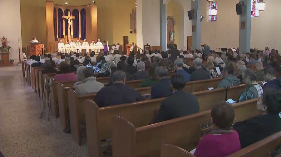 Hundreds gathered for a memorial mass to honor Los Angeles Auxillary Bishop David O'Connell at the San Gabriel Mission Church on Feb. 24, 2024. (KTLA)