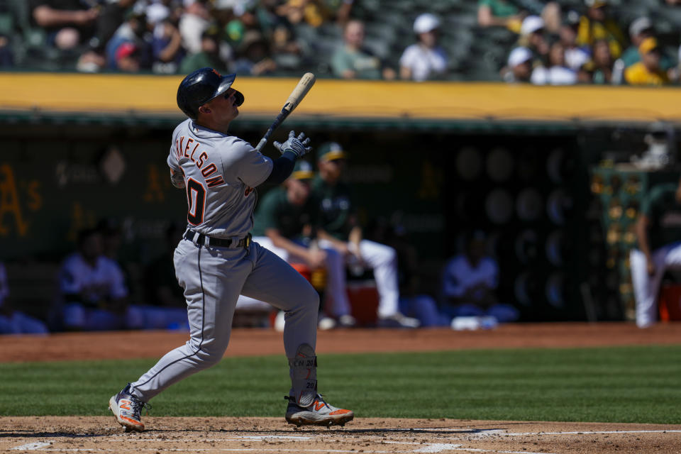 Detroit Tigers' Spencer Torkelson watches his RBI single against the Oakland Athletics during the third inning of a baseball game Sunday, Sept. 24, 2023, in Oakland, Calif. (AP Photo/Godofredo A. Vásquez)