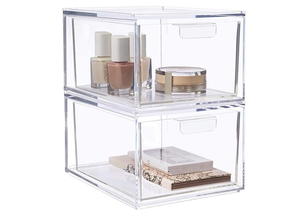 a clear set of 2 stackable cosmetic organizer