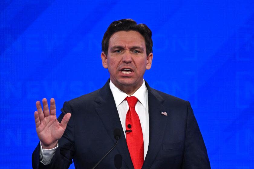 Florida Governor Ron DeSantis gestures as he speaks during the fourth Republican presidential primary debate at the University of Alabama in Tuscaloosa, Alabama, on December 6, 2023. (Photo by Jim WATSON / AFP) (Photo by JIM WATSON/AFP via Getty Images)