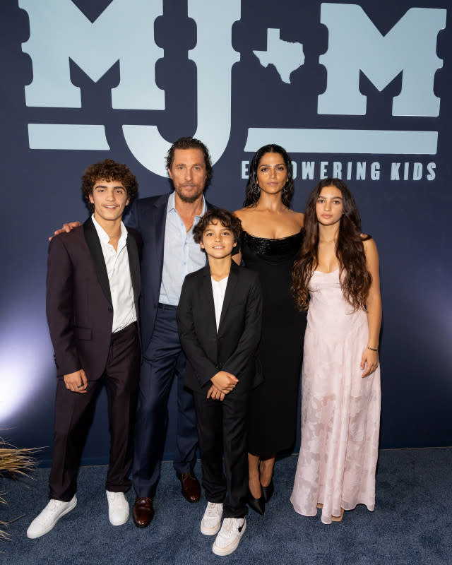 AUSTIN, TEXAS - APRIL 25: (L-R) Levi McConaughey, Matthew McConaughey, Livingston McConaughey, Camila Alves McConaughey, and Vida McConaughey attend the 12th Annual Mack, Jack & McConaughey Gala at ACL Live on April 25, 2024 in Austin, Texas. <p>Rick Kern/Getty Images</p>