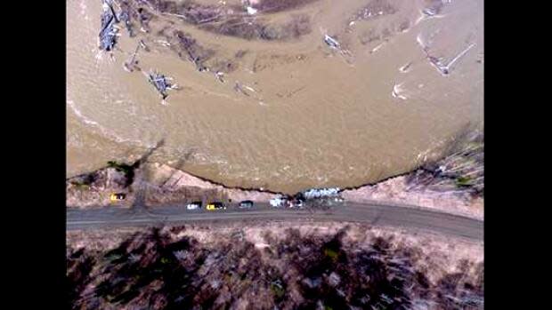 This part of the Quesnel-Hixon Road north of the Cottonwood River in B.C.'s central Interior was reported  washed out on April 30. (Emcon Services Inc. - image credit)