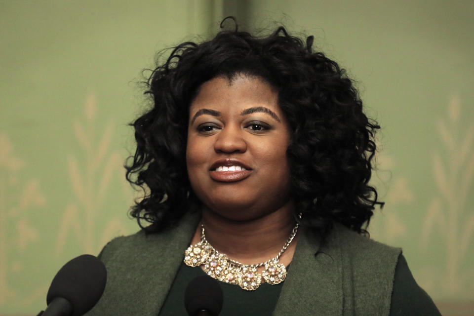 Deidre DeJear speaks during a news conference at the Statehouse in Des Moines, Iowa, Jan 23, 2019. On Saturday, Aug. 14, 2021, the voting rights advocate announced she will seek the state's governorship in 2022. DeJear is among dozens of Black Democratic candidates are seeking office in heavily Republican states that former President Donald Trump won easily in 2020. (AP Photo/Charlie Neibergall, file)