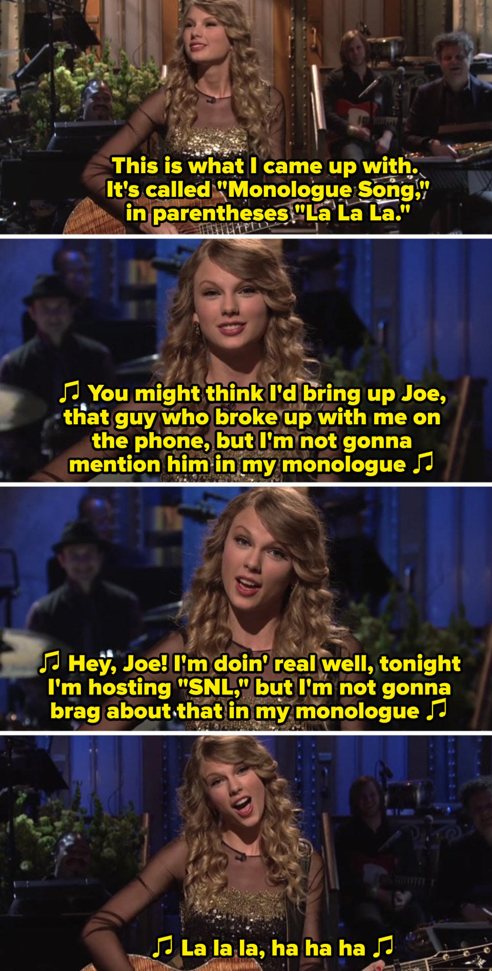 Taylor Swift singing about Joe Jonas during her "SNL" monologue