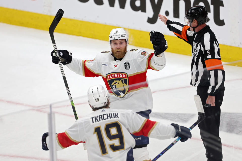 EDMONTON, CANADA - JUNE 13: Sam Bennett #9 and Matthew Tkachuk #19 of the Florida Panthers celebrate after Bennett's goal against the Edmonton Oilers during the second period of Game Three of the 2024 Stanley Cup Final at Rogers Place on June 13, 2024 in Edmonton, Alberta, Canada.  (Photo by Harry How/Getty Images)