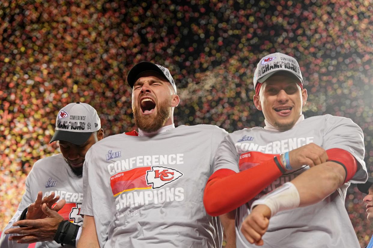 AFC championship game: Travis Kelce and Patrick Mahomes celebrate their win over the Bengals.