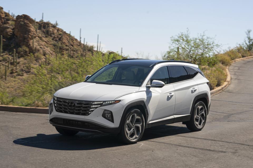 This photo provided by Hyundai shows the 2024 Tucson Hybrid. The hybrid version of the Tucson doesn't cost much more than a comparable gas-only model and gets up to an estimated 38 mpg combined. (Courtesy of Hyundai Motor America via AP)