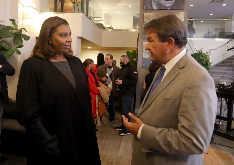 Westchester County Executive George Latimer speaks with New York State Attorney General Letitia James at The Opus, Westchester in White Plains, where James joined Latimer and Westchester County Democrats to monitor election results. Latimer was reelected to a second term as County Executive.