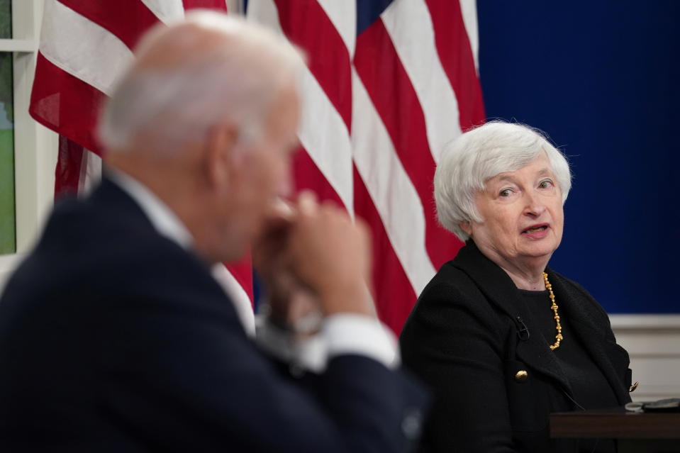 U.S. Treasury Secretary Janet Yellen speaks as U.S. President Joe Biden holds a meeting with business leaders and CEOs about the debt limit at the White House in Washington, U.S., October 6, 2021. REUTERS/Kevin Lamarque     